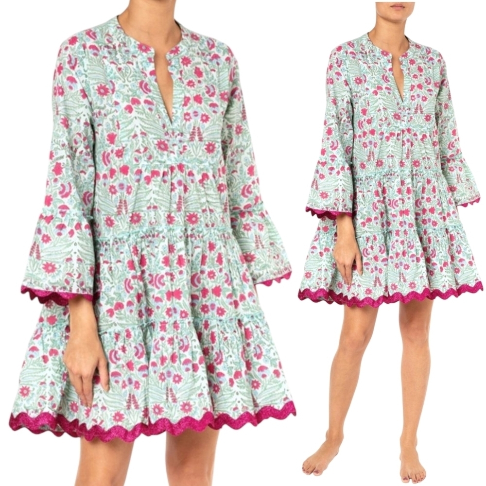 JULIET DUNN Temple Flower Flare Dress Fuchsia Aqua Size 2